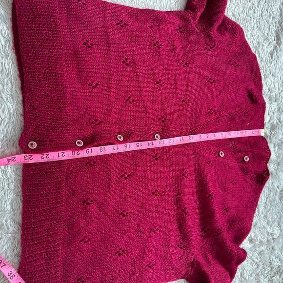 Gorgeous Handmade Knit Berry Red Wool Cardigan Pointelle Fits like Medium - Picture 6 of 10